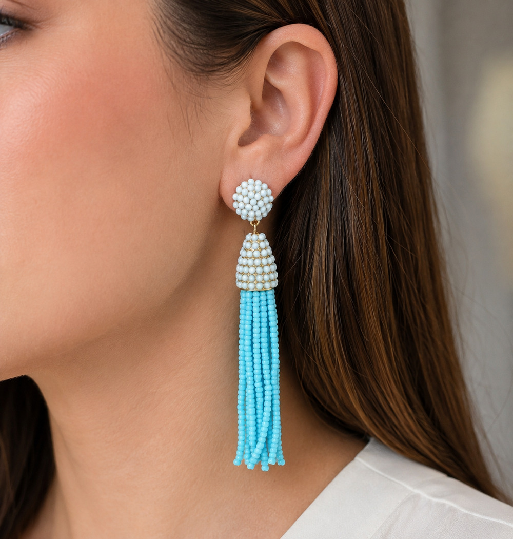 Turquoise Dangle Tassel Pierced Earrings Seed Beads Beaded Gold Tone Hardware